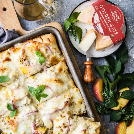 Sheet Pan Pizza with Chicken, Peaches & Golden Gate