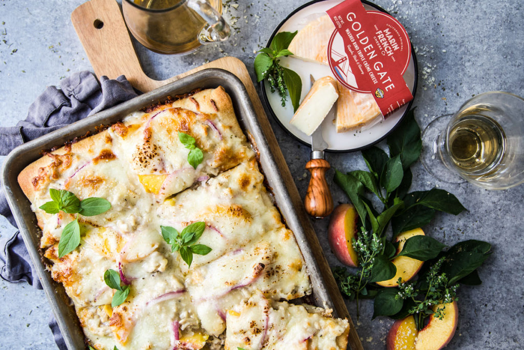 Sheet Pan Pizza with Chicken, Peaches & Golden Gate